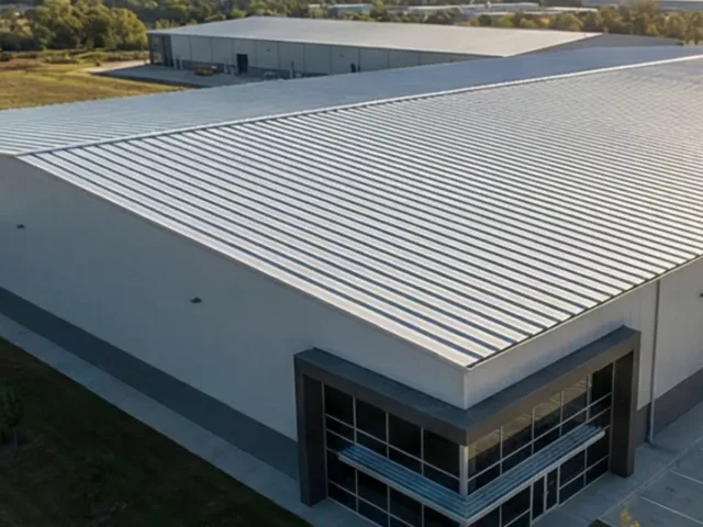 Bulk manufacturing of Bare Galvalume (AZ150) standing seam panels ready for industrial dispatch. Stack of high-tensile bare Galvalume AZ150 standing seam roofing sheets manufactured by JSE Projects in Faridabad.