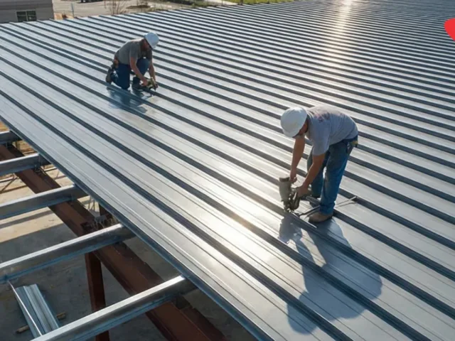 Continuous, joint-free standing seam roofing installed on a large-span commercial warehouse. Heavy-duty industrial standing seam metal roof installation on a large PEB warehouse, featuring seamless joint-free roofing panels.