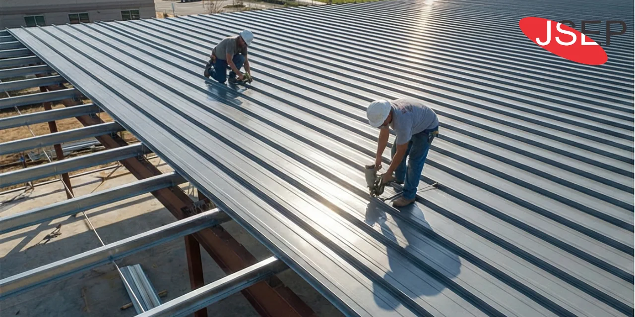 Continuous, joint-free standing seam roofing installed on a large-span commercial warehouse. Heavy-duty industrial standing seam metal roof installation on a large PEB warehouse, featuring seamless joint-free roofing panels.