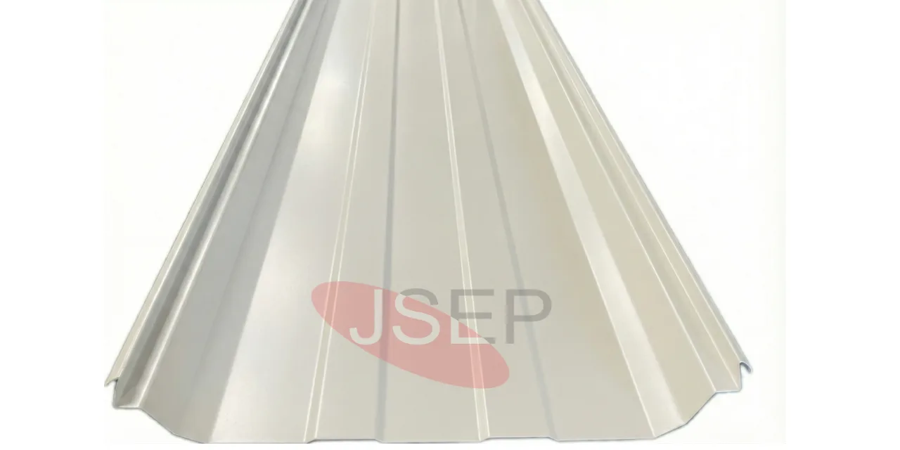 Architecturally pleasing white PPGL standing seam sheet, offering a scratch-free aesthetic and superior thermal reflection. White color-coated (PPGI) standing seam roofing sheet sample, manufactured using high-precision roll forming machines in India.