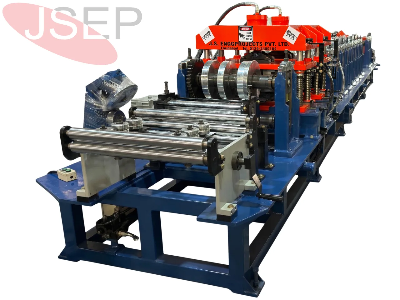 Detailed view of the interchangeable roller system on a C Z purlin machine allowing profile switching, manufacturer in India