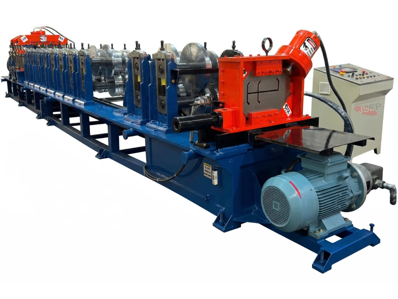 eavy-duty automatic C/Z purlin roll forming machine by JSEP, featuring a high-torque drive motor, red hydraulic shearing unit, precision forming rollers, and a standalone PLC control panel.