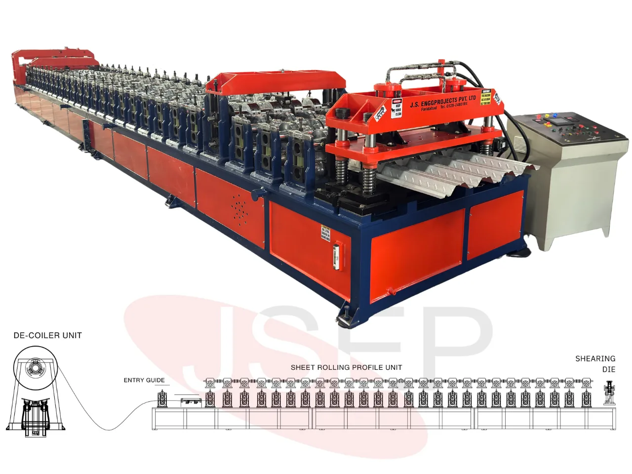 Complete technical schematic of the JSEP deck sheet roll forming process from coil feeding to hydraulic shearing. Technical schematic diagram of a deck sheet roll forming line detailing the de-coiler unit, entry guide, 24-station profiling unit, and shearing die below the machine photograph.