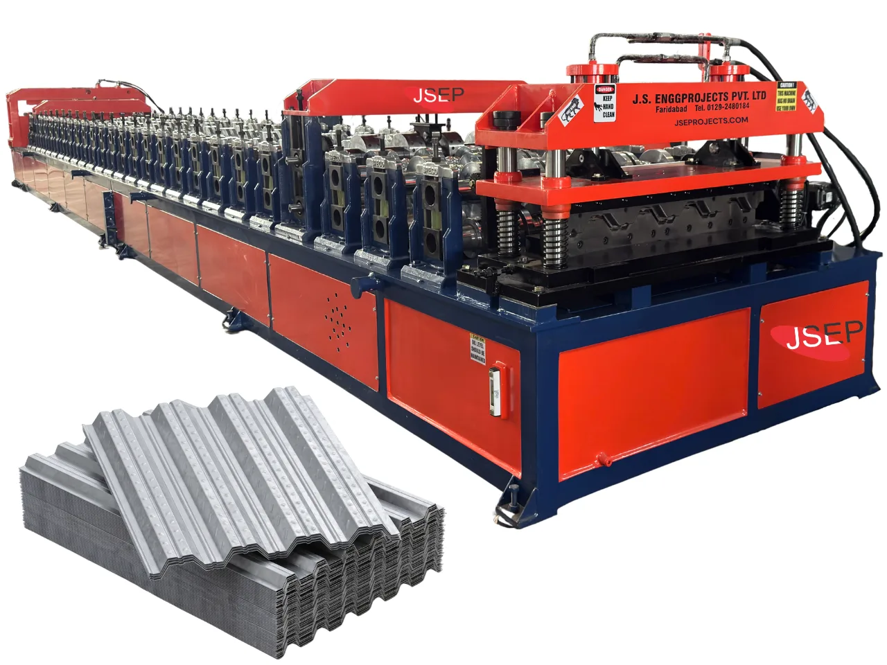 JSEP deck sheet forming machine producing high-strength, mechanically embossed floor slabs for PEB construction. Industrial floor deck roll forming machine by JSEP alongside stacked galvanized steel composite decking sheets featuring mechanical bond embossing.