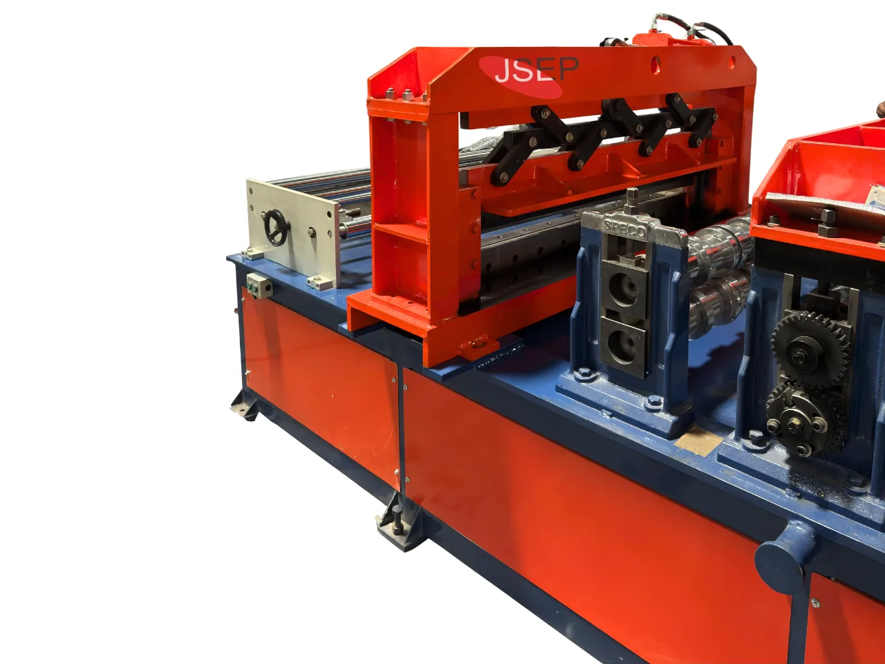 floor deck roll forming machine Close-up view of the heavy-duty hydraulic cutting unit and shearing die on a steel deck sheet roll forming machine.
