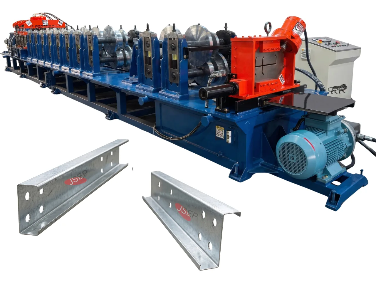 C Z Purlin Machine Automatic C/Z purlin roll forming machine manufactured by JSEP, featuring finished heavy-gauge galvanized steel C and Z profiles with pre-punched bolt holes in the foreground