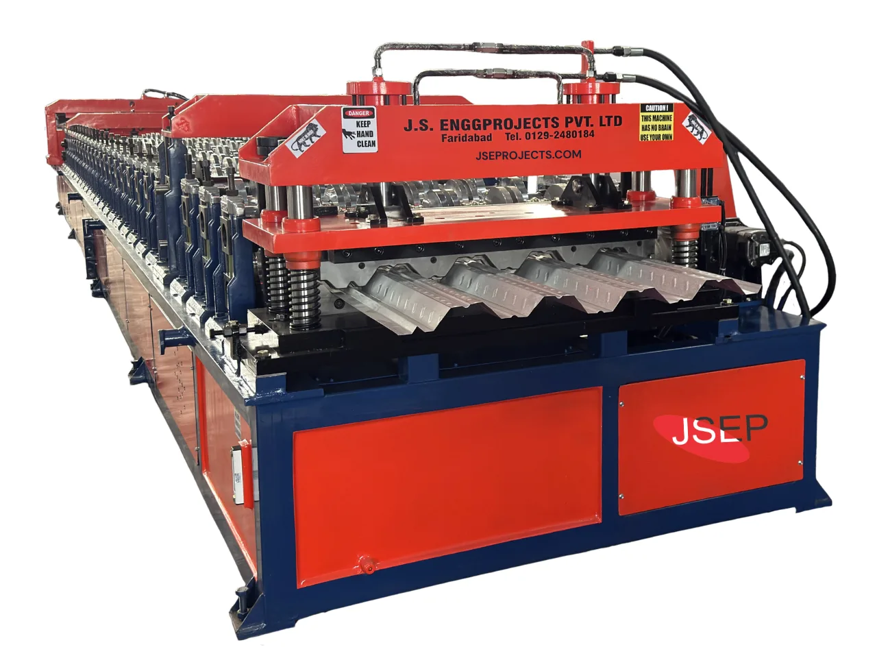 Deck floor roll forming machine Front angled view of a heavy-duty steel-welded deck profile roll forming machine designed to eliminate vibration during high-speed production.