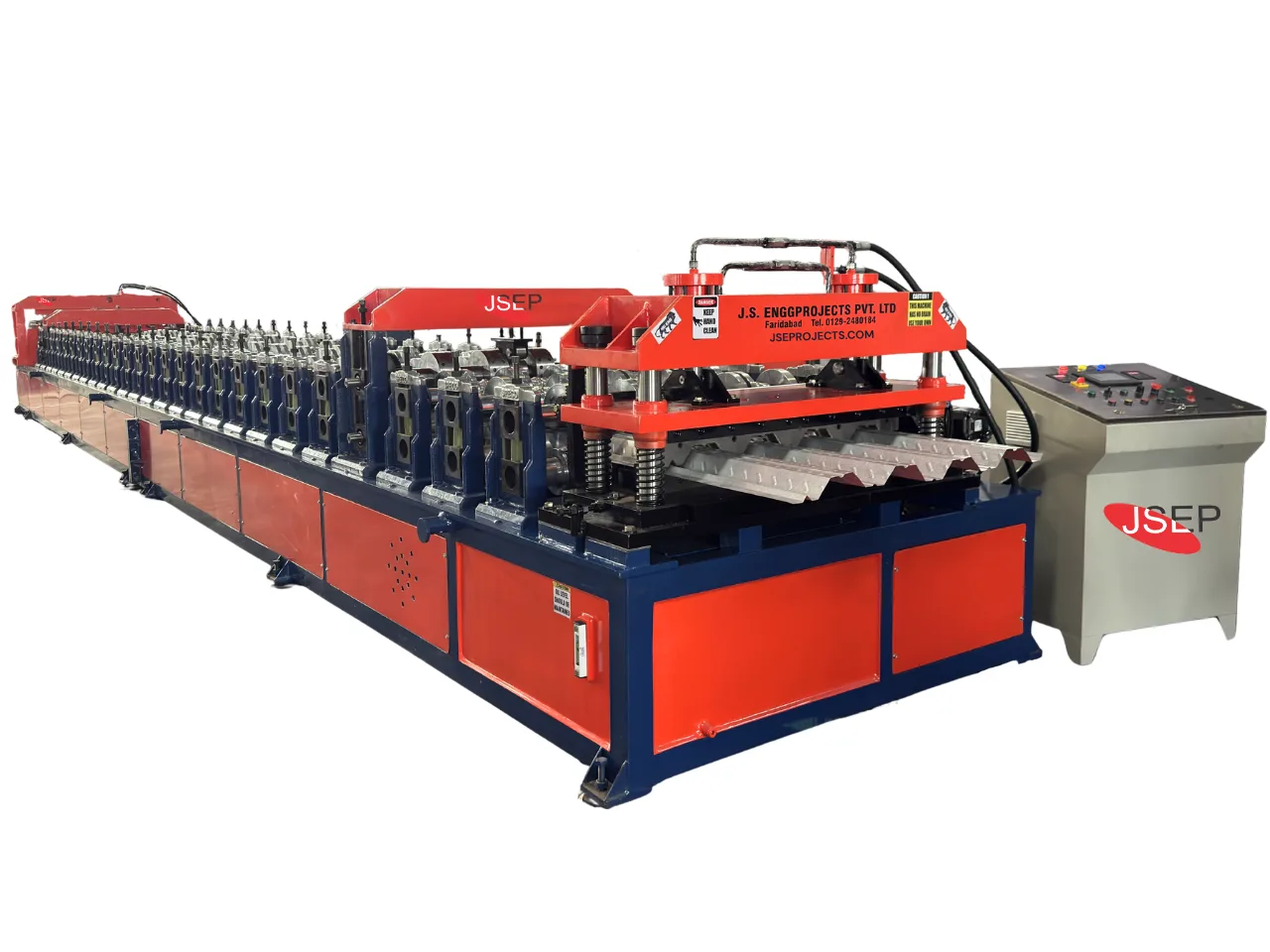 Fully automated metal decking sheet roll forming line featuring a PLC touchscreen control panel for continuous, high-speed production.