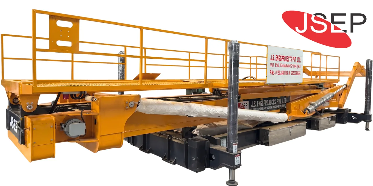 Highly mobile lifting unit designed for fast setup and easy transportation across job sites in India. Compact on-site roof panel machine lifter folded and ready for transport to project locations.