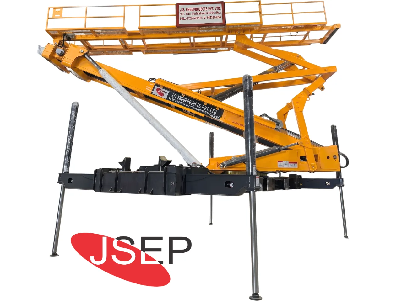 Built with high-strength steel to handle up to 6 tons of total payload safely. Height 60 feet High capacity roll forming machine lifter platform engineered for heavy metal coil and machine weight.