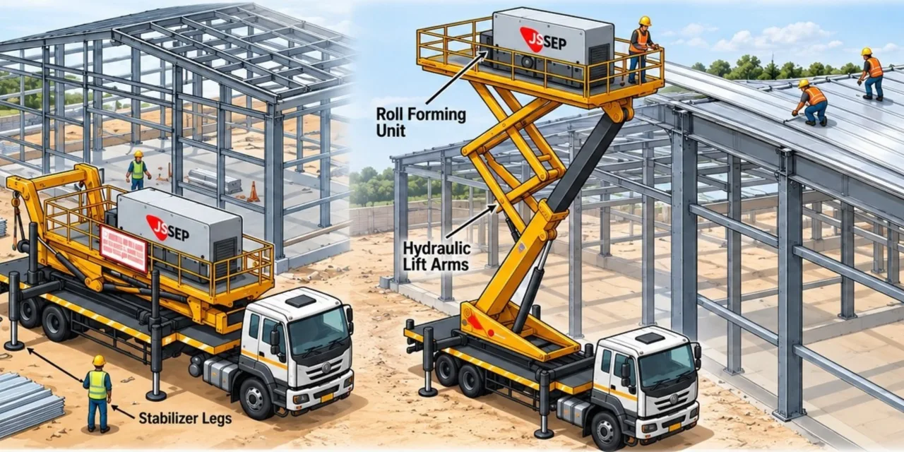 Construction site with steel frame building under construction and workers installing roof panels using lifting equipment and trucks.