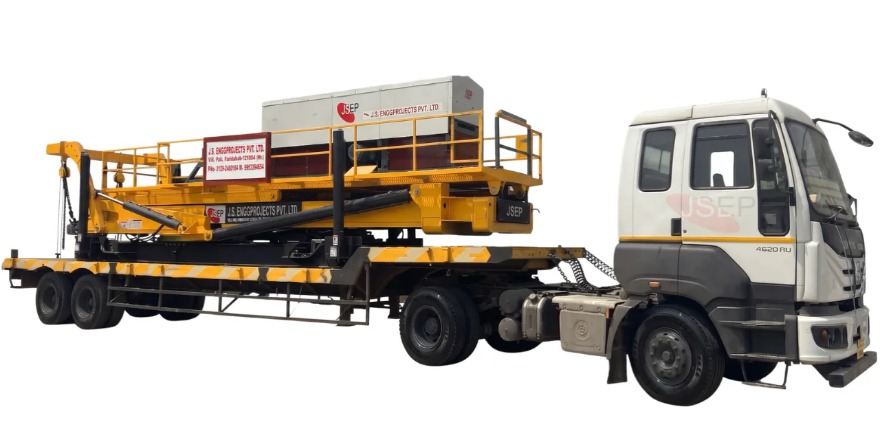vehicle mounted roll forming lifter machine, standing seam or roofing sheet lifting platform , jsep india White cab truck hauling a long trailer loaded with a yellow industrial lifting platform on a construction transport trailer