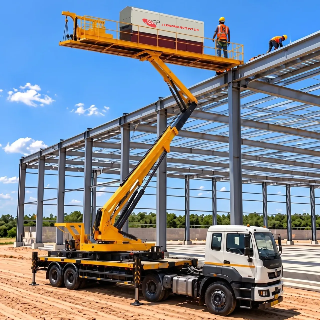 On-Site Eaves-Level Roll Forming: Our truck-mounted hydraulic boom lifter elevates standing seam and roofing sheet machines directly to roof height, enabling continuous, joint-free panel discharging straight onto the purlins Truck-mounted hydraulic scissor boom lifter raising a roll forming machine to roof level for direct standing seam sheet installation on a steel structure by J S ENGGPROJECTS PVT LTD